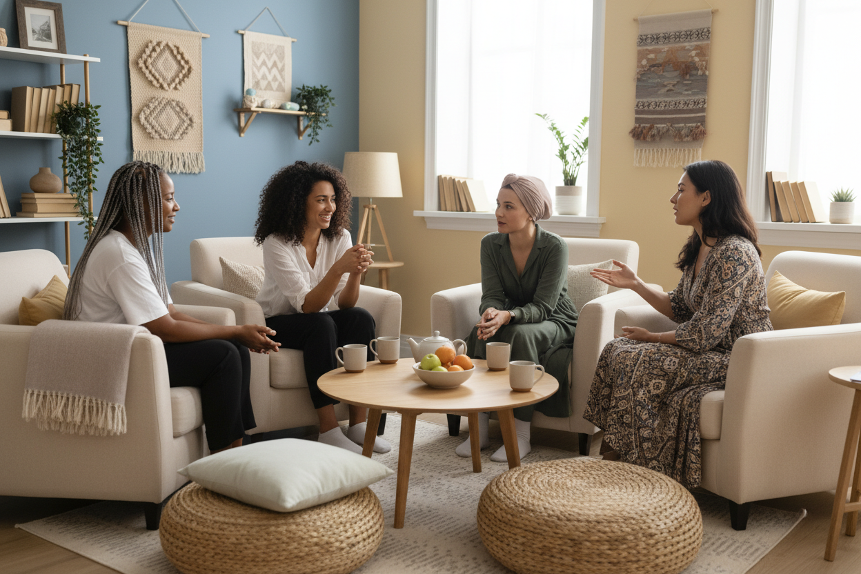 five women talking in a circle