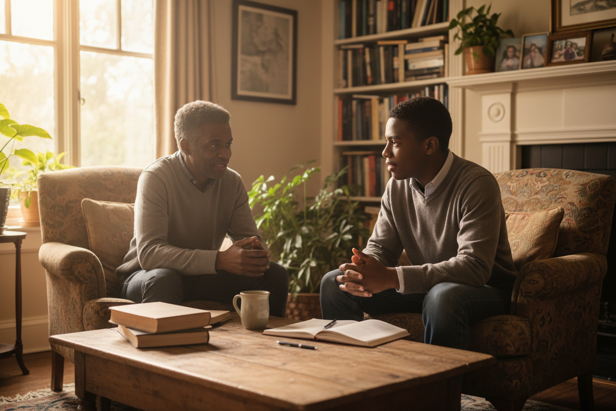 older black man sitting and mentoring to a black teenager